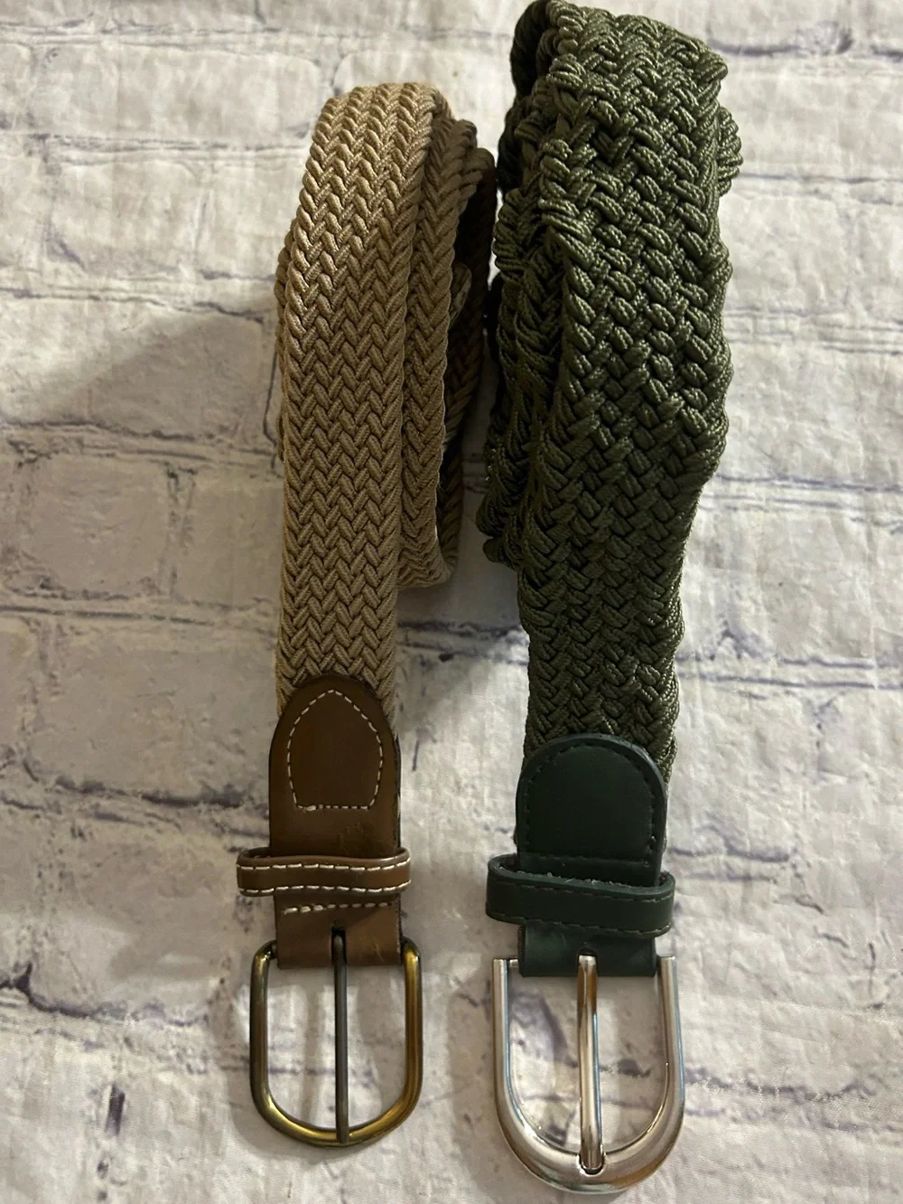 LOT OF (2) STRETCH BELTS OLIVE GREEN AND TAN SILVER TONE & ANTIQUE BUCKLES MEN